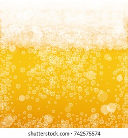 Beer background with realistic bubbles. Cool liquid drink for pub and bar menu design, banners and flyers. Yellow square beer background with white frothy foam. Cold glass of ale for brewery design.