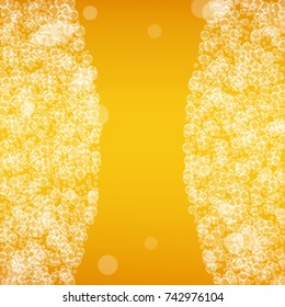 Beer background with realistic bubbles. Cool beverage for restaurant menu design, banners and flyers. Yellow square beer background with white frothy foam. Cold pint of golden lager or ale.