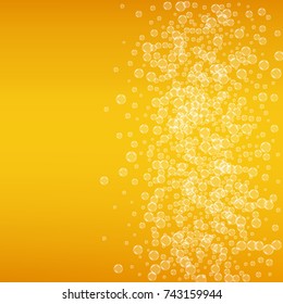 Beer background with realistic bubbles. Cool beverage for restaurant menu design, banners and flyers. Yellow square beer background with white frothy foam. Cold glass of ale for brewery design.