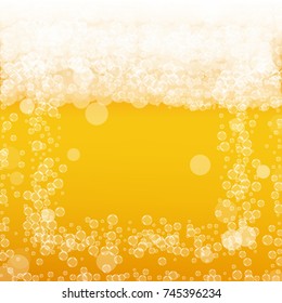 Beer background with realistic bubbles. Cool liquid drink for pub and bar menu design, banners and flyers. Yellow square beer background with white frothy foam. Cold glass of ale for brewery design.
