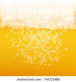 Beer background with realistic bubbles. Cool beverage for restaurant menu design, banners and flyers. Yellow square beer background with white frothy foam. Cold pint of golden lager or ale.