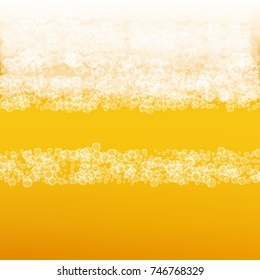 Beer background with realistic bubbles. Cool liquid drink for pub and bar menu design, banners and flyers. Yellow square beer background with white frothy foam. Fresh cup of lager for brewery design.