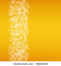 Beer background with realistic bubbles. Cool beverage for restaurant menu design, banners and flyers. Yellow square beer background with white frothy foam. Fresh cup of lager for brewery design.