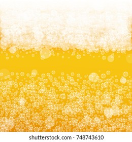 Beer background with realistic bubbles. Cool liquid drink for pub and bar menu design, banners and flyers. Yellow square beer background with white frothy foam. Cold pint of golden lager or ale.