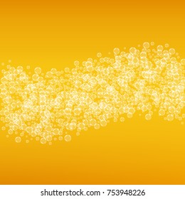 Beer background with realistic bubbles. Cool beverage for restaurant menu design, banners and flyers. Yellow square beer background with white frothy foam. Cold pint of golden lager or ale.