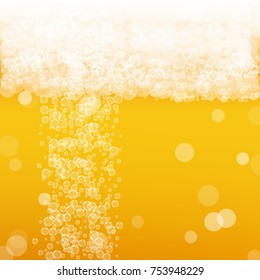 Beer background with realistic bubbles. Cool beverage for restaurant menu design, banners and flyers. Yellow square beer background with white frothy foam. Fresh cup of lager for brewery design.