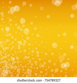 Beer background with realistic bubbles. Cool liquid drink for pub and bar menu design, banners and flyers. Yellow square beer background with white frothy foam. Fresh cup of lager for brewery design.