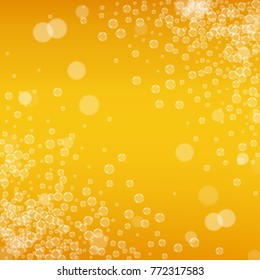 Beer background with realistic bubbles. Cool beverage for restaurant menu design, banners and flyers. Yellow square beer background with white frothy foam. Fresh cup of lager for brewery design.
