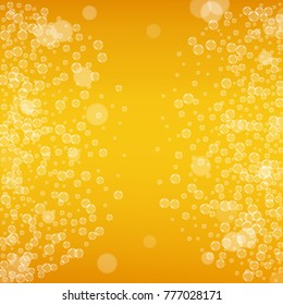 Beer background with realistic bubbles. Cool liquid drink for pub and bar menu design, banners and flyers. Yellow square beer background with white frothy foam. Cold glass of ale for brewery design.