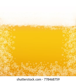 Beer background with realistic bubbles. Cool liquid drink for pub and bar menu design, banners and flyers. Yellow square beer background with white frothy foam. Cold glass of ale for brewery design.