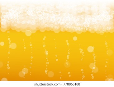 Beer background with realistic bubbles. Cool beverage for restaurant menu design, banners and flyers. Yellow horizontal beer background with white frothy foam. Cold pint of golden lager or ale.