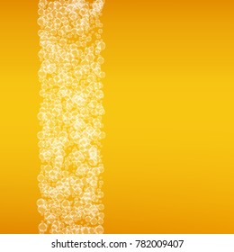 Beer background with realistic bubbles. Cool beverage for restaurant menu design, banners and flyers. Yellow square beer background with white frothy foam. Fresh cup of lager for brewery design.