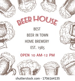 Beer background vector. pub banner, flyer template in vintage engraved style. frame with various beer glasses with foam. square beer label with text place on white for bar, restaurant poster design