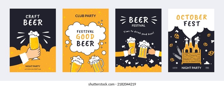 Beer backgrounds. Retro pattern with oktoberfest pub elements, food and mug of alcohol pint. Craft beverages. Ale and lager promotional posters. Oktoberfest festival. Vector illustration drawing