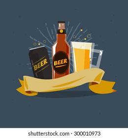 beer badge label sticker design. bottle, can and glass of beer- vector illustration