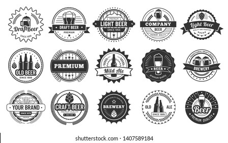 Beer badges. Beers pub, lager bottle and hipster craft beer badge isolated vector illustration set