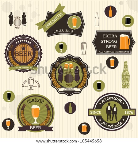   Beer badges and labels in retro style design. Vector set