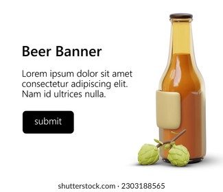 Beer banner with 3D elements and editable text. Bright template for advertising bottled beer. Alcoholic beverages made from natural raw materials. Ready illustration for your text