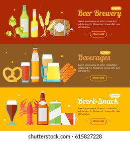 Beer Banner Card Horizontal Set for Bar, Restaurant, Pub or Cafe Flat Design Style Vector illustration