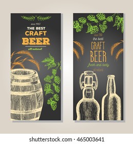 Beer Banner set. Beer Vector illustration in sketch style. Hand drawn beer vertical flyers. Line drawing. Beer bottle beer barrel and beer hops.