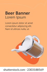 Beer banner template on orange background. 3D beer mug with white foam pouring out. Illustration with editable title, text. Advertisement of brewery, tavern, event