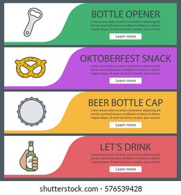 Beer banner templates set. Beer bottle opener and cap, pretzel, hand holding beer bottle. Website menu items. Color web banner. Vector headers design concepts