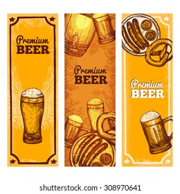 Beer banner vertical set with hand drawn drink glasses and snacks isolated vector illustration