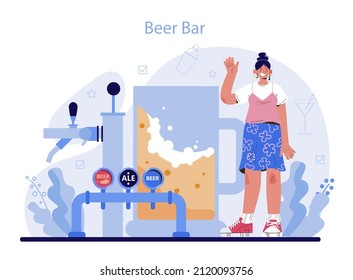 Beer bar concept set. Barman with a beer pouring machine. Bartender standing at bar counter, preparing alcoholic drinks. Isolated flat vector illustration