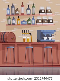 Ilustración de dibujos animados en el interior de la barra de cerveza. Pub moderno y vacío, barra de bar con bebidas alcohólicas y sillas de taburete. Cafetería con bebidas alcohólicas en botellas. Cerveza en gafas y cafetera, vector plano