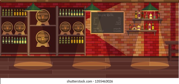 Beer bar interior cartoon vector illustration. Empty modern pub flat drawing. Bar counter, stool. Cafe menu written in chalk on chalkboard. Alcoholic beverages in bottles. Beer in glass