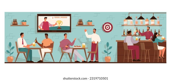 Beer bar interior. Friend group hanging out in a pub drinking beer, talking and watching a sport game. Men and women sitting by counter. Nightlife entertainment. Flat vector illustration