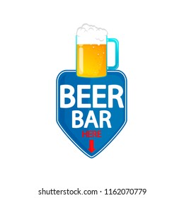 Beer bar logotype, arrow, beer bar here, vector illustration isolated on white background