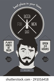 Beer Bar For Men. Vintage style beer bar poster. Vector illustration.