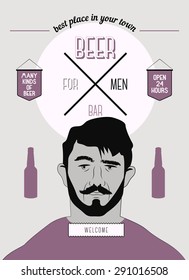 Beer Bar For Men. Vintage style beer bar poster. Vector illustration.