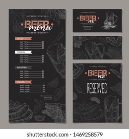 Beer bar menu and card templates featuring beer mug, hop branch, wheat, chips, chicken wings and snack plate on black. Great for bar, restaurant, cards and menu, pub signs, culinary design.