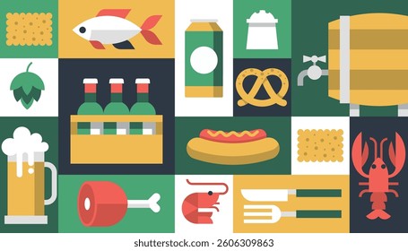 Beer bar mug restaurant snack holiday geometric background vector pattern poster banner