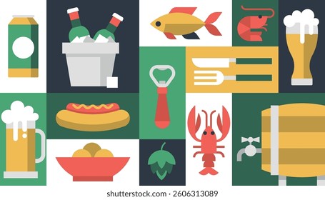 Beer bar mug restaurant snack holiday geometric background vector pattern poster banner