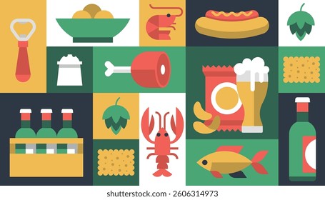 Beer bar mug restaurant snack menu holiday geometric background vector pattern poster banner