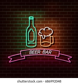 Beer bar neon light banner on a brick wall.  Green and pink sign. Decorative realistic retro element for web design Vector Illustration.