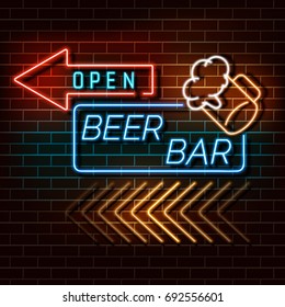 Beer bar neon light banner on a brick wall.  Blue and orange sign. Decorative realistic retro element for web design Vector Illustration.