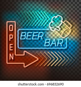 Beer bar neon light banner on a transparent background.  Blue and orange sign. Decorative realistic retro element for web design Vector Illustration.