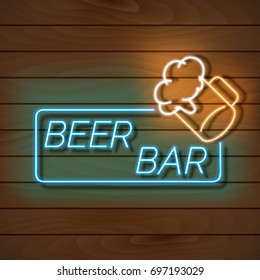 Beer bar neon light banner on a wooden wall.  Blue and orange sign. Decorative realistic retro element for web design Vector Illustration.