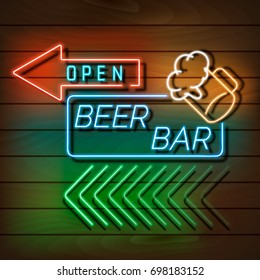 Beer bar neon light banner on a wooden wall.  Blue and orange sign. Decorative realistic retro element for web design Vector Illustration.