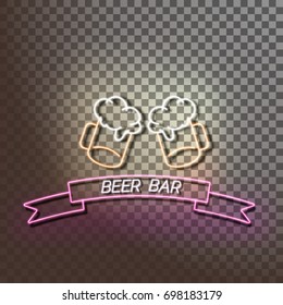 Beer bar neon light banner on a transparent background.  Orange and pink sign. Decorative realistic retro element for web design Vector Illustration.