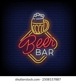 beer bar neon sign vector with brick wall background 