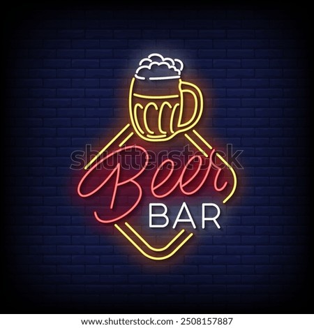 beer bar neon sign vector with brick wall background 