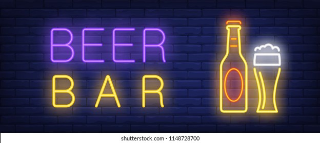 Beer bar neon style banner. Text, bottle and beer glass on brick background. Night bright advertisement. Can be used for signs, posters, billboards