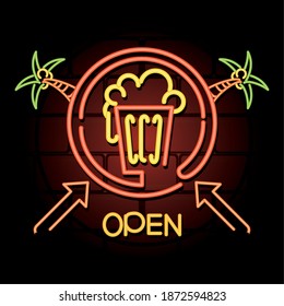 beer bar palms open neon sign icon on background vector illustration