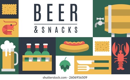 Beer bar poster banner mug restaurant snack menu holiday geometric background vector pattern 