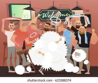 Beer Bar - Restaurant. Fight In The Football Fans' Bar. Vector Illustration
